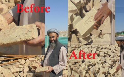 Local volunteers prevent use of low quality bricks in construction of a school in Balkh province.